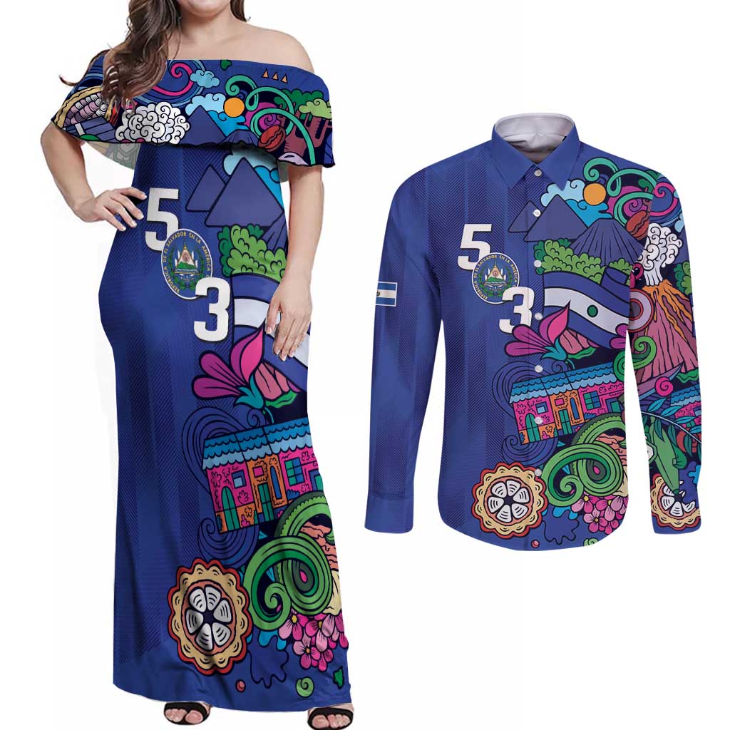 El Salvador Couples Matching Off Shoulder Maxi Dress and Long Sleeve Button Shirt Beauty Local Inspired - Wonder Print Shop