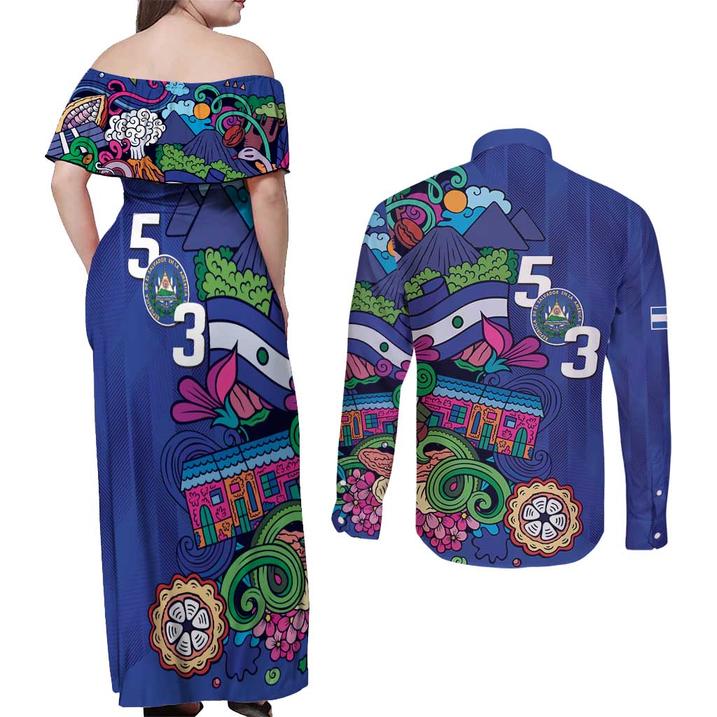 El Salvador Couples Matching Off Shoulder Maxi Dress and Long Sleeve Button Shirt Beauty Local Inspired - Wonder Print Shop