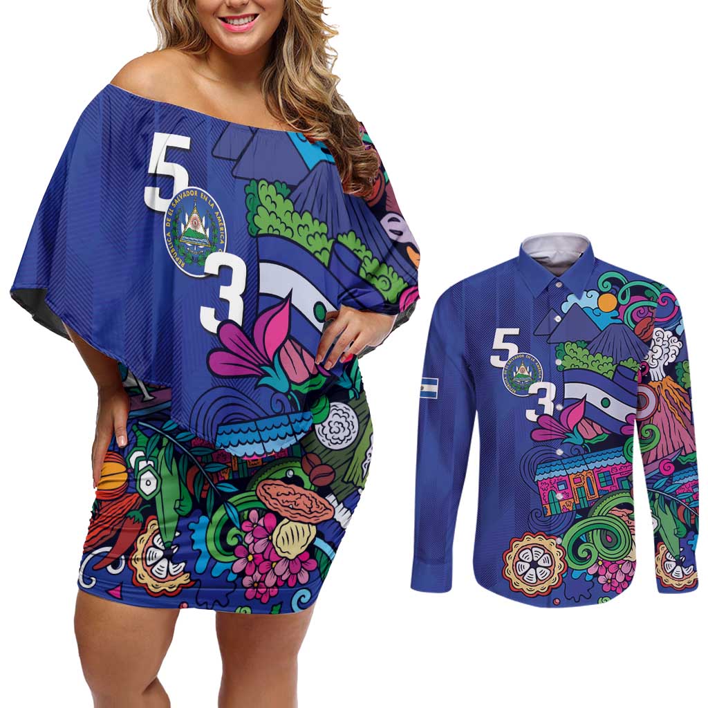 El Salvador Couples Matching Off Shoulder Short Dress and Long Sleeve Button Shirt Beauty Local Inspired - Wonder Print Shop
