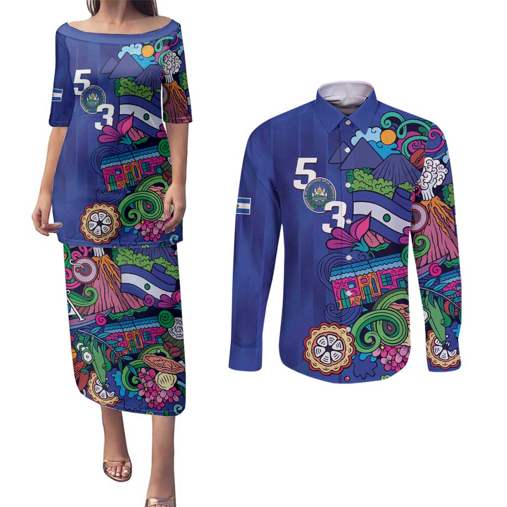 El Salvador Couples Matching Puletasi and Long Sleeve Button Shirt Beauty Local Inspired - Wonder Print Shop