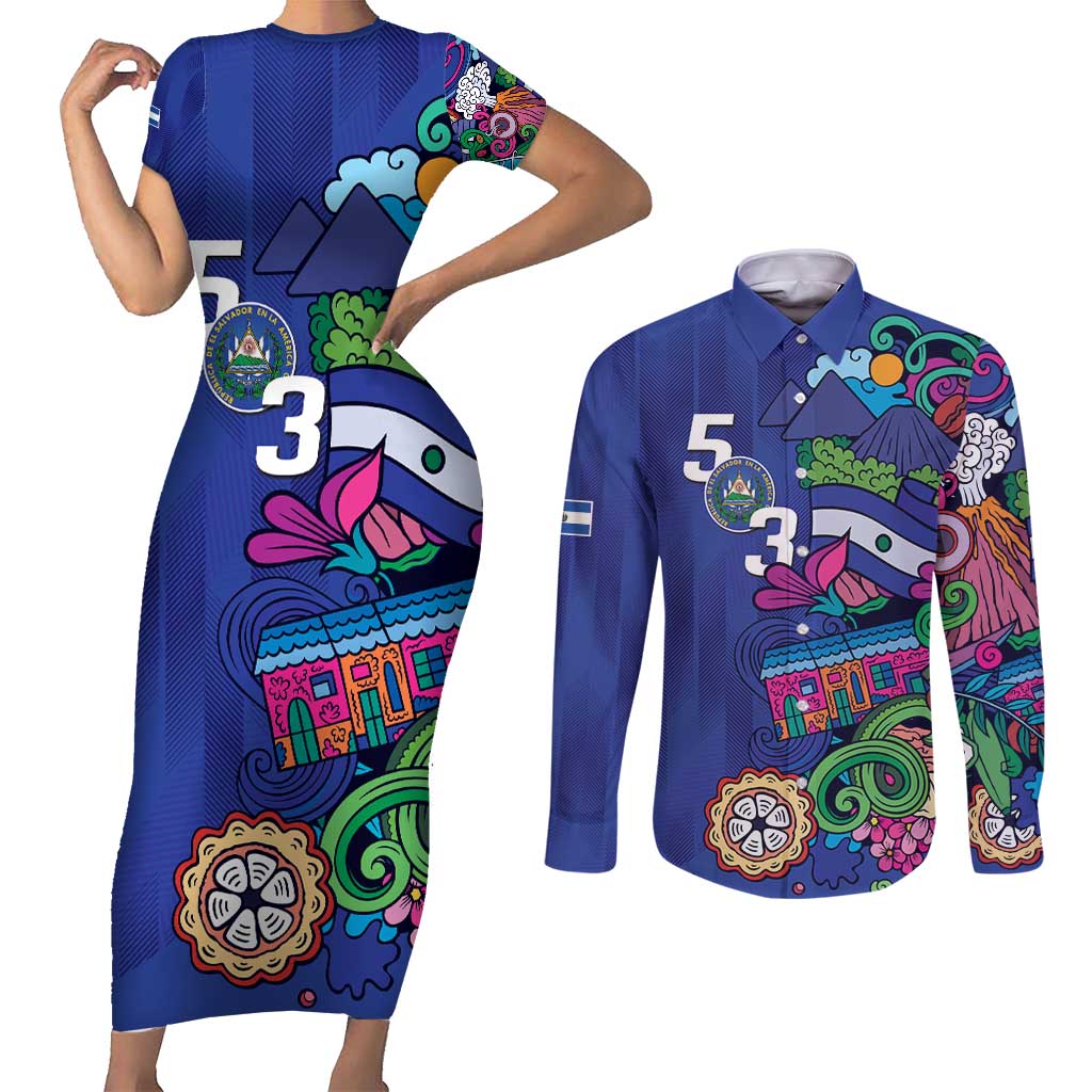 El Salvador Couples Matching Short Sleeve Bodycon Dress and Long Sleeve Button Shirt Beauty Local Inspired - Wonder Print Shop