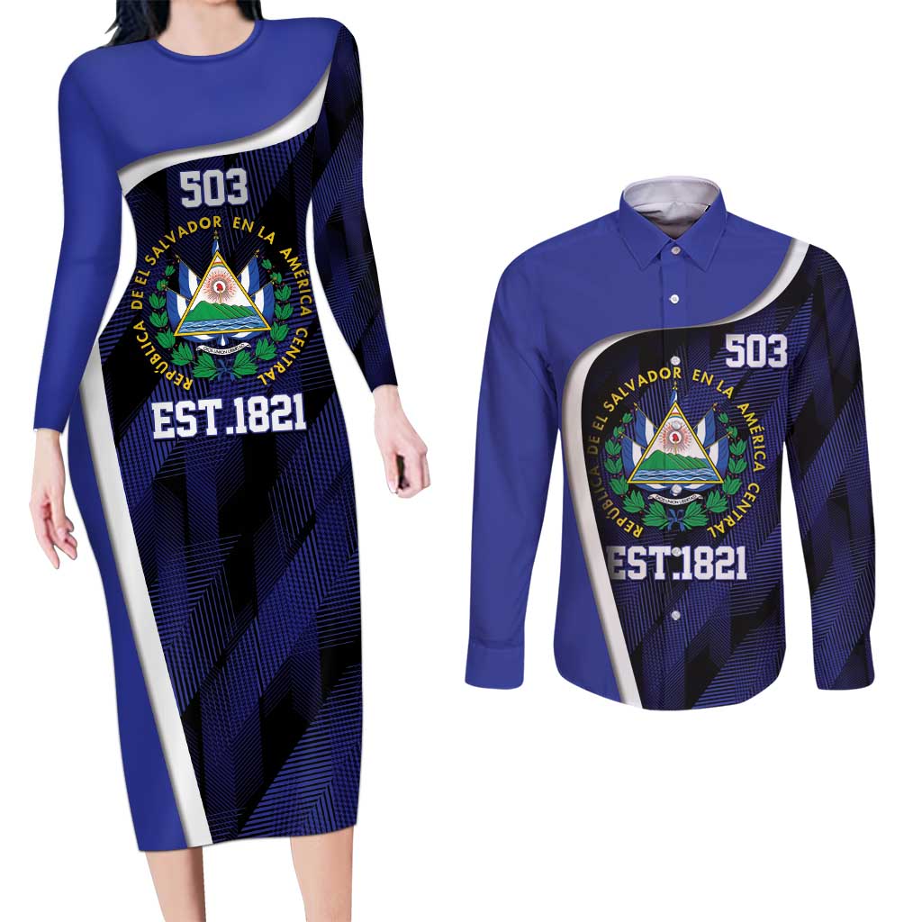 El Salvador Independence Day Couples Matching Long Sleeve Bodycon Dress and Long Sleeve Button Shirt Since 1821 September 15 - Wonder Print Shop