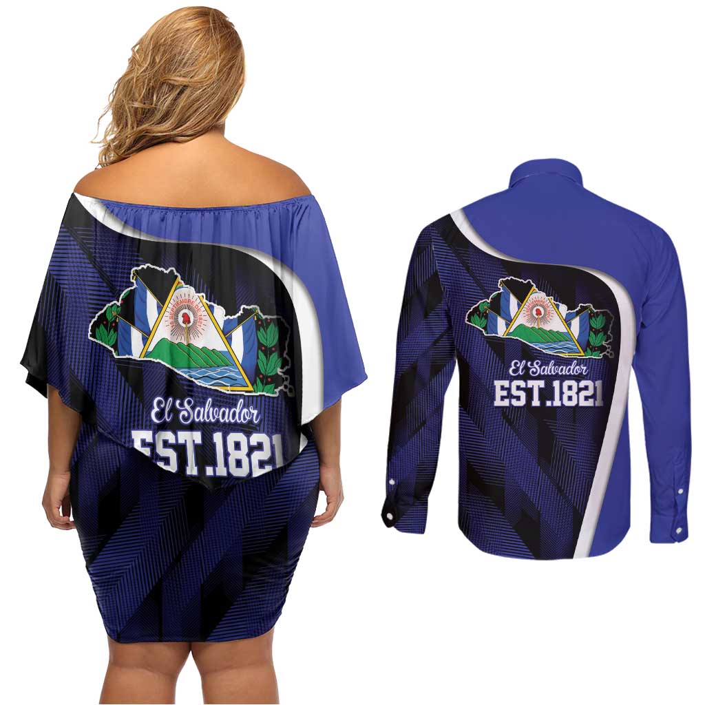 El Salvador Independence Day Couples Matching Off Shoulder Short Dress and Long Sleeve Button Shirt Since 1821 September 15 - Wonder Print Shop