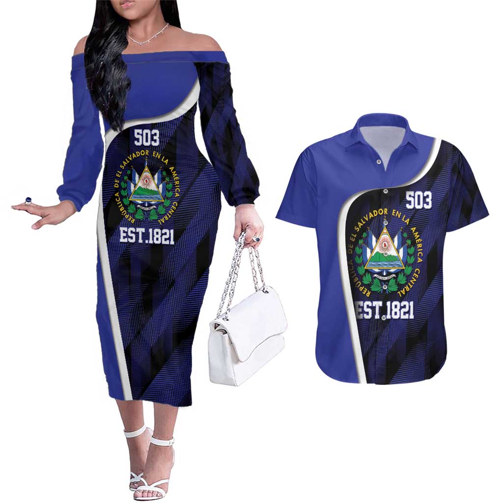 El Salvador Independence Day Couples Matching Off The Shoulder Long Sleeve Dress and Hawaiian Shirt Since 1821 September 15 - Wonder Print Shop