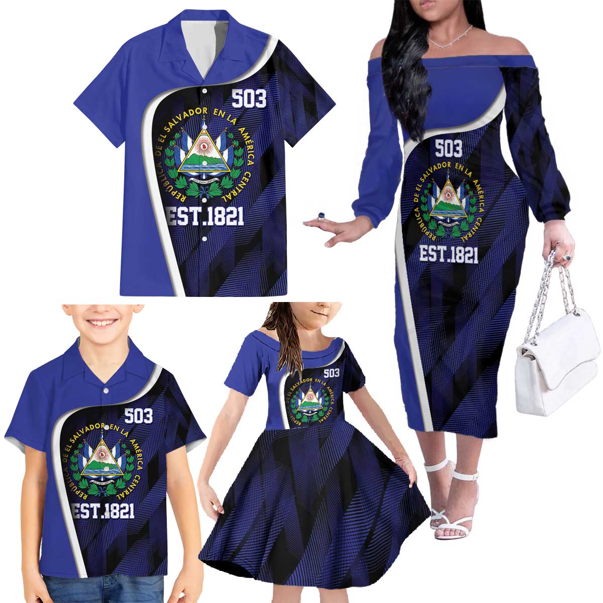 El Salvador Independence Day Family Matching Off The Shoulder Long Sleeve Dress and Hawaiian Shirt Since 1821 September 15 - Wonder Print Shop