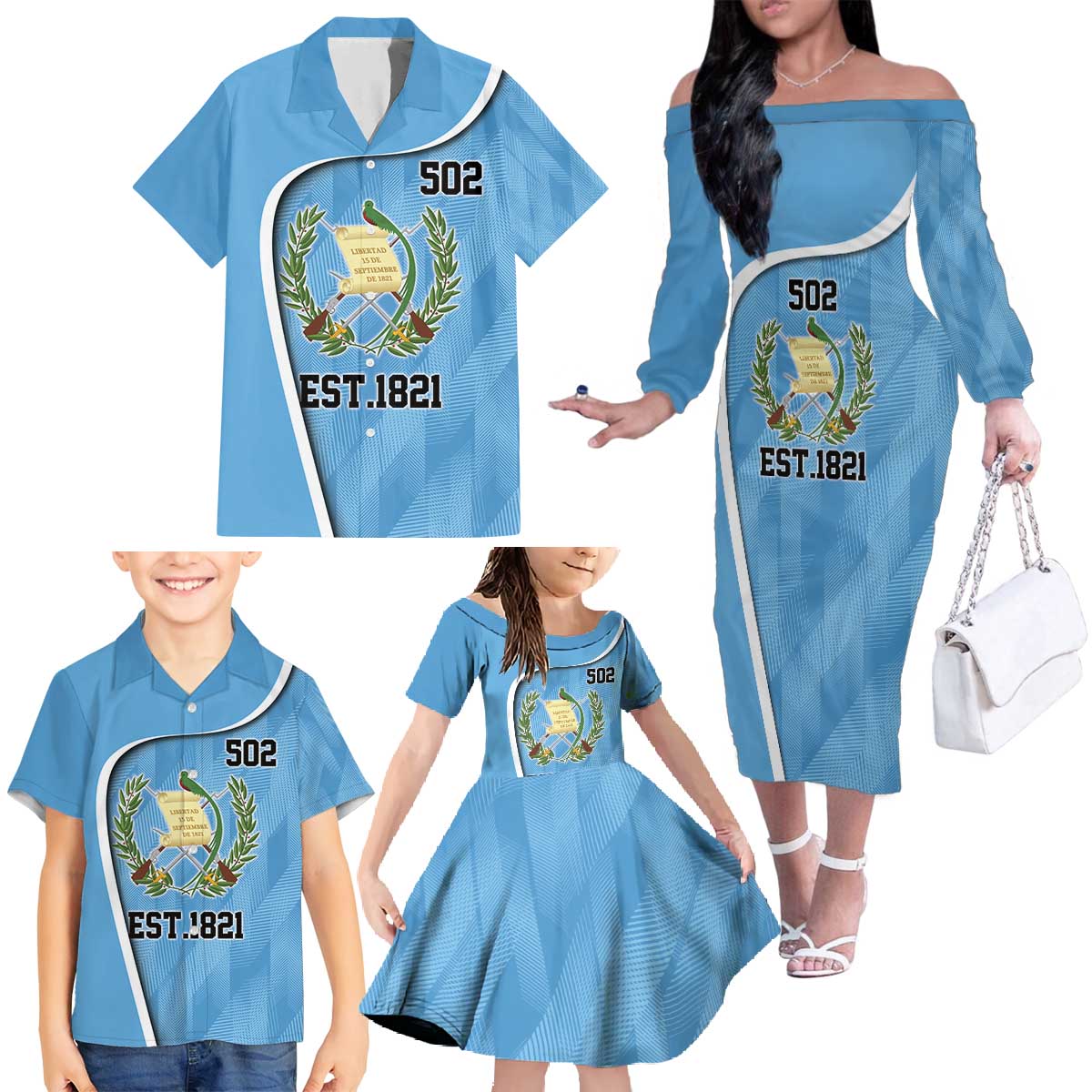 Guatemala Independence Day Family Matching Off The Shoulder Long Sleeve Dress and Hawaiian Shirt Since 1821 September 15 - Wonder Print Shop