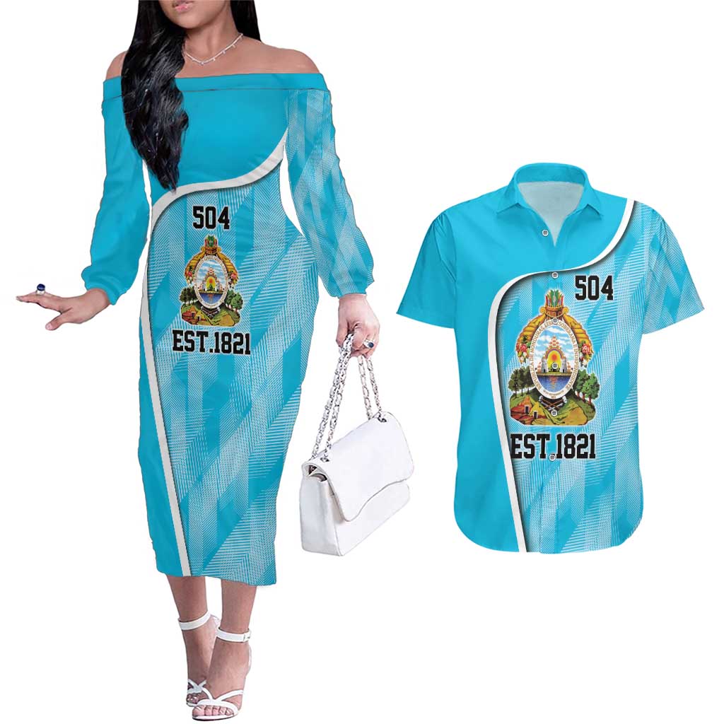 Honduras Independence Day Couples Matching Off The Shoulder Long Sleeve Dress and Hawaiian Shirt Since 1821 September 15 - Wonder Print Shop