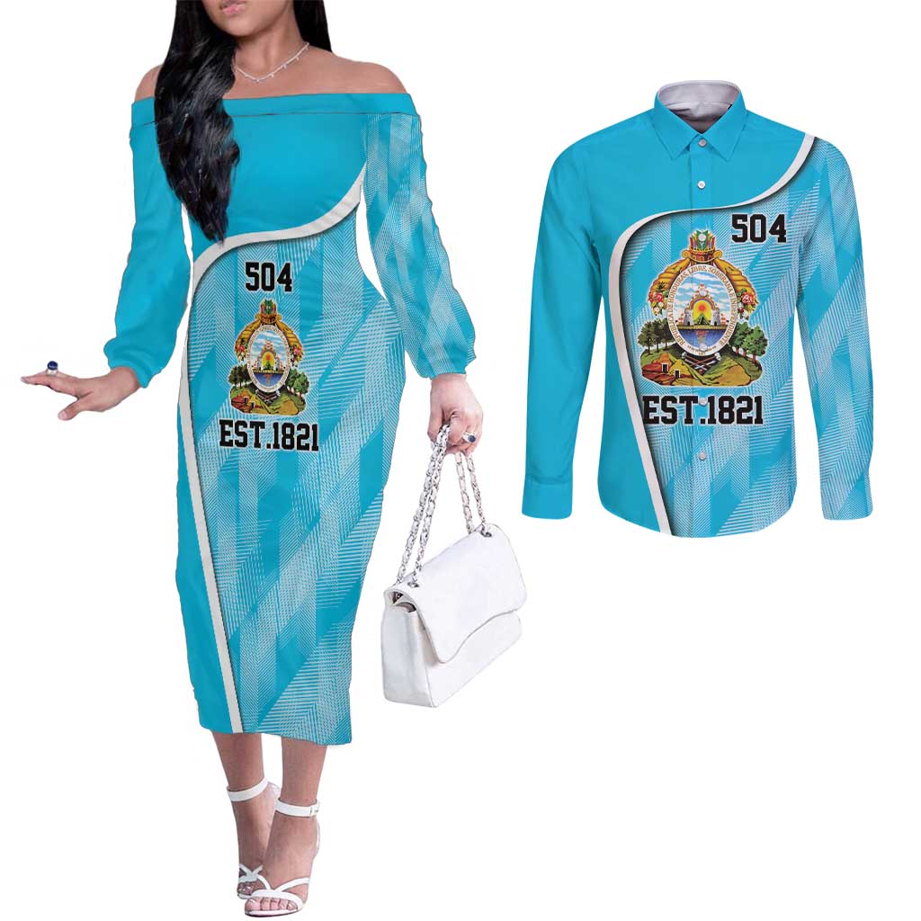 Honduras Independence Day Couples Matching Off The Shoulder Long Sleeve Dress and Long Sleeve Button Shirt Since 1821 September 15 - Wonder Print Shop