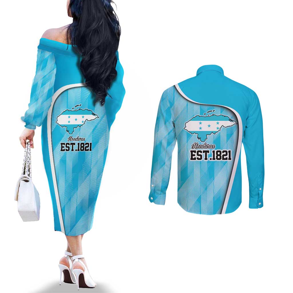 Honduras Independence Day Couples Matching Off The Shoulder Long Sleeve Dress and Long Sleeve Button Shirt Since 1821 September 15 - Wonder Print Shop
