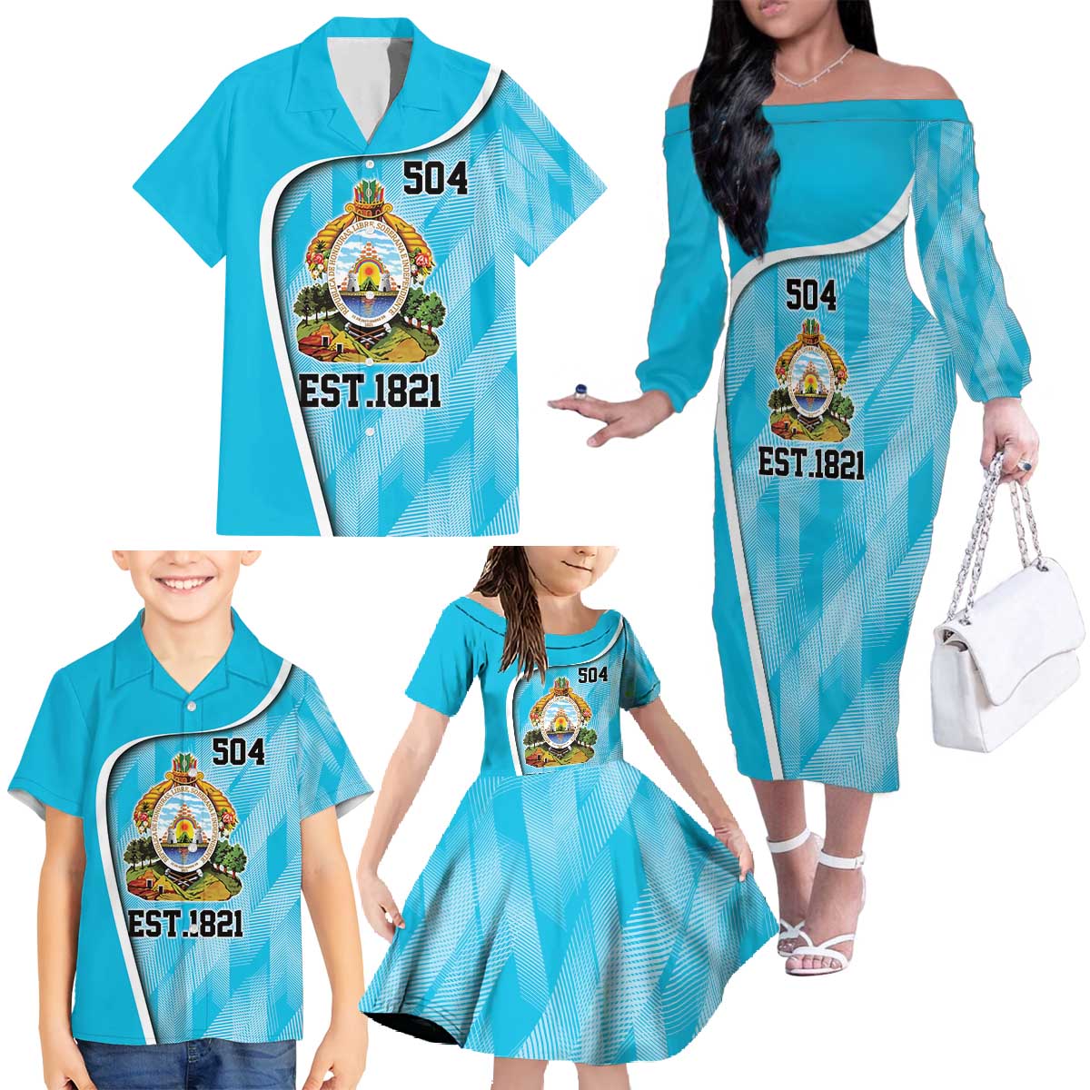 Honduras Independence Day Family Matching Off The Shoulder Long Sleeve Dress and Hawaiian Shirt Since 1821 September 15 - Wonder Print Shop