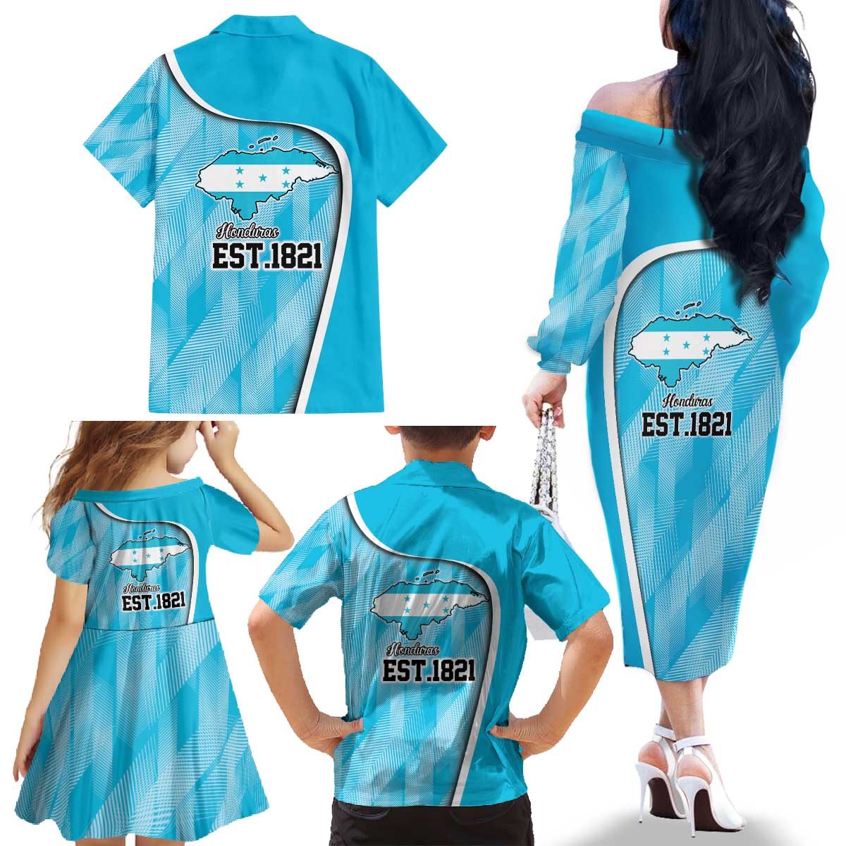Honduras Independence Day Family Matching Off The Shoulder Long Sleeve Dress and Hawaiian Shirt Since 1821 September 15 - Wonder Print Shop