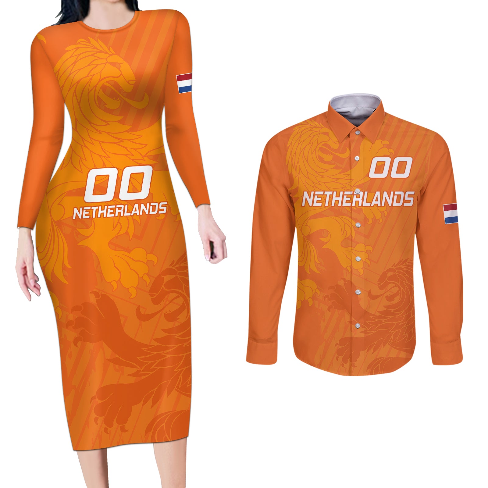 custom-netherlands-soccer-couples-matching-long-sleeve-bodycon-dress-and-long-sleeve-button-shirts-nederlands-vrouwenvoetbalelftal-go-world-cup-2023