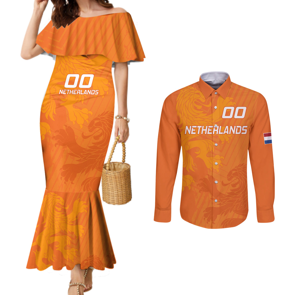 custom-netherlands-soccer-couples-matching-mermaid-dress-and-long-sleeve-button-shirts-nederlands-vrouwenvoetbalelftal-go-world-cup-2023