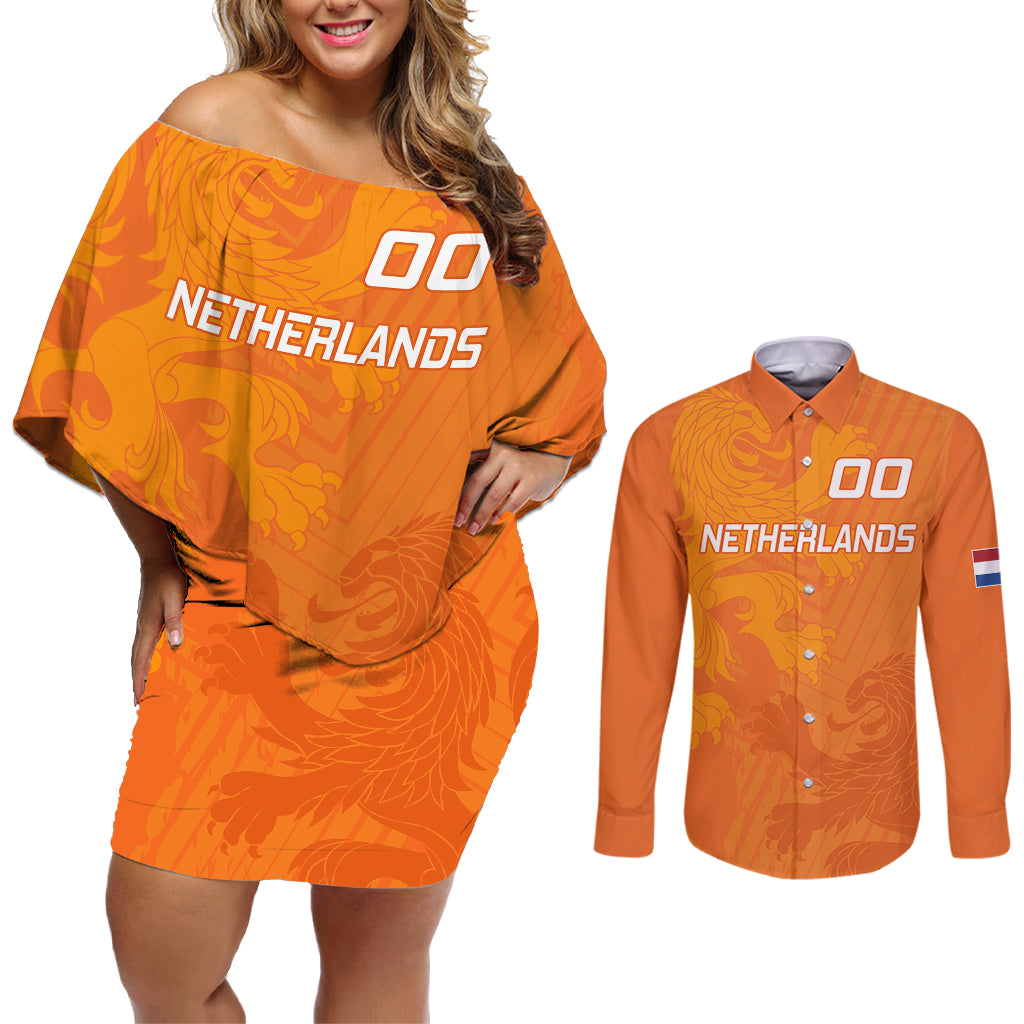 custom-netherlands-soccer-couples-matching-off-shoulder-short-dress-and-long-sleeve-button-shirts-nederlands-vrouwenvoetbalelftal-go-world-cup-2023