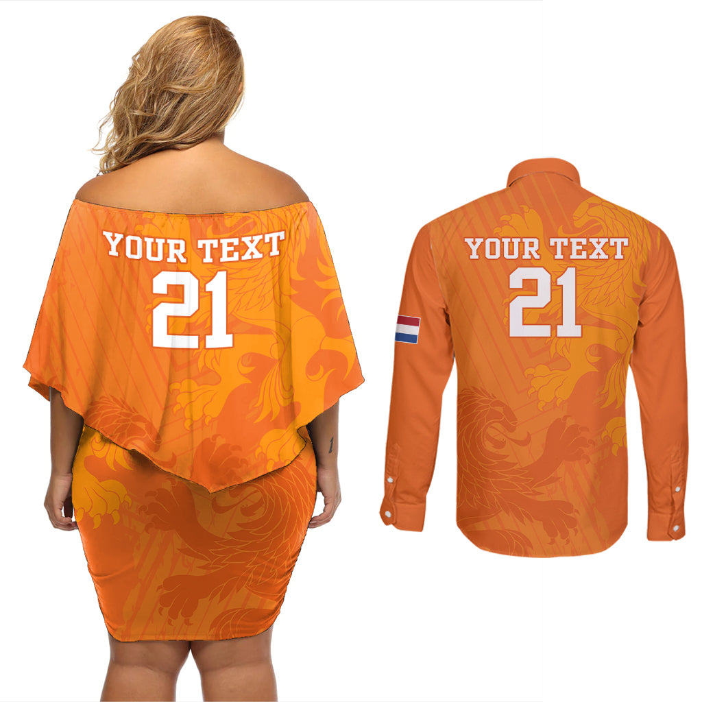 Custom Netherlands Soccer Couples Matching Off Shoulder Short Dress and Long Sleeve Button Shirts Nederlands Vrouwenvoetbalelftal Go World Cup 2023 LT9 - Wonder Print Shop