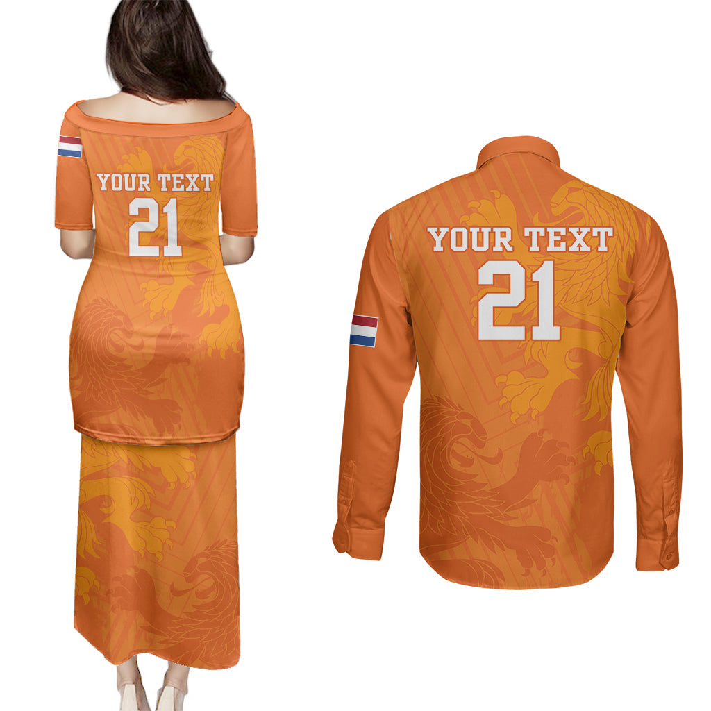 Custom Netherlands Soccer Couples Matching Puletasi Dress and Long Sleeve Button Shirts Nederlands Vrouwenvoetbalelftal Go World Cup 2023 LT9 - Wonder Print Shop