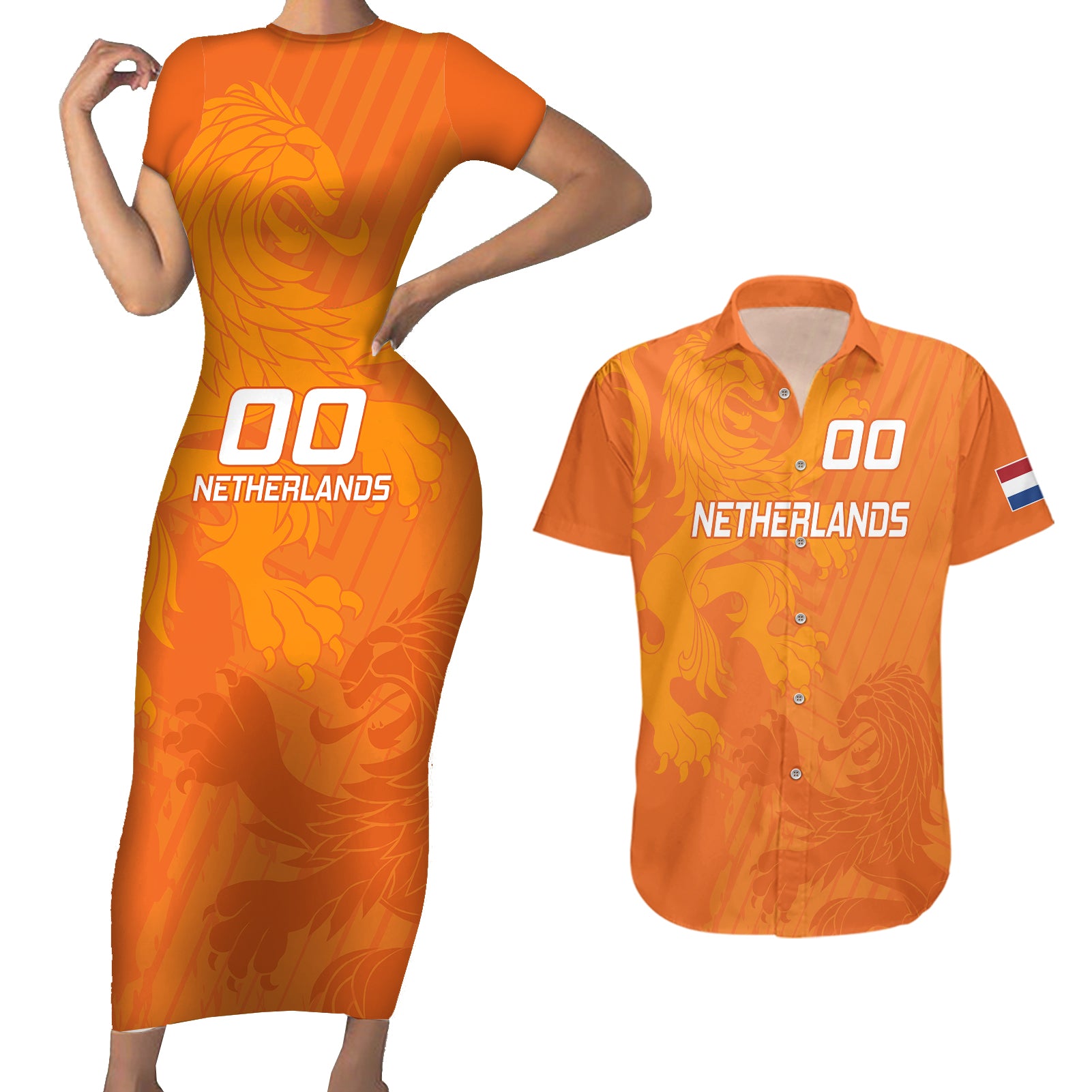 custom-netherlands-soccer-couples-matching-short-sleeve-bodycon-dress-and-hawaiian-shirt-nederlands-vrouwenvoetbalelftal-go-world-cup-2023