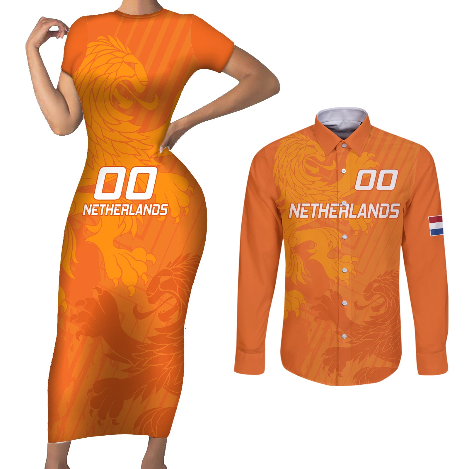 custom-netherlands-soccer-couples-matching-short-sleeve-bodycon-dress-and-long-sleeve-button-shirts-nederlands-vrouwenvoetbalelftal-go-world-cup-2023