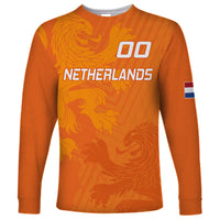 Orange long-sleeve soccer shirt with Netherlands graphic and 00 front