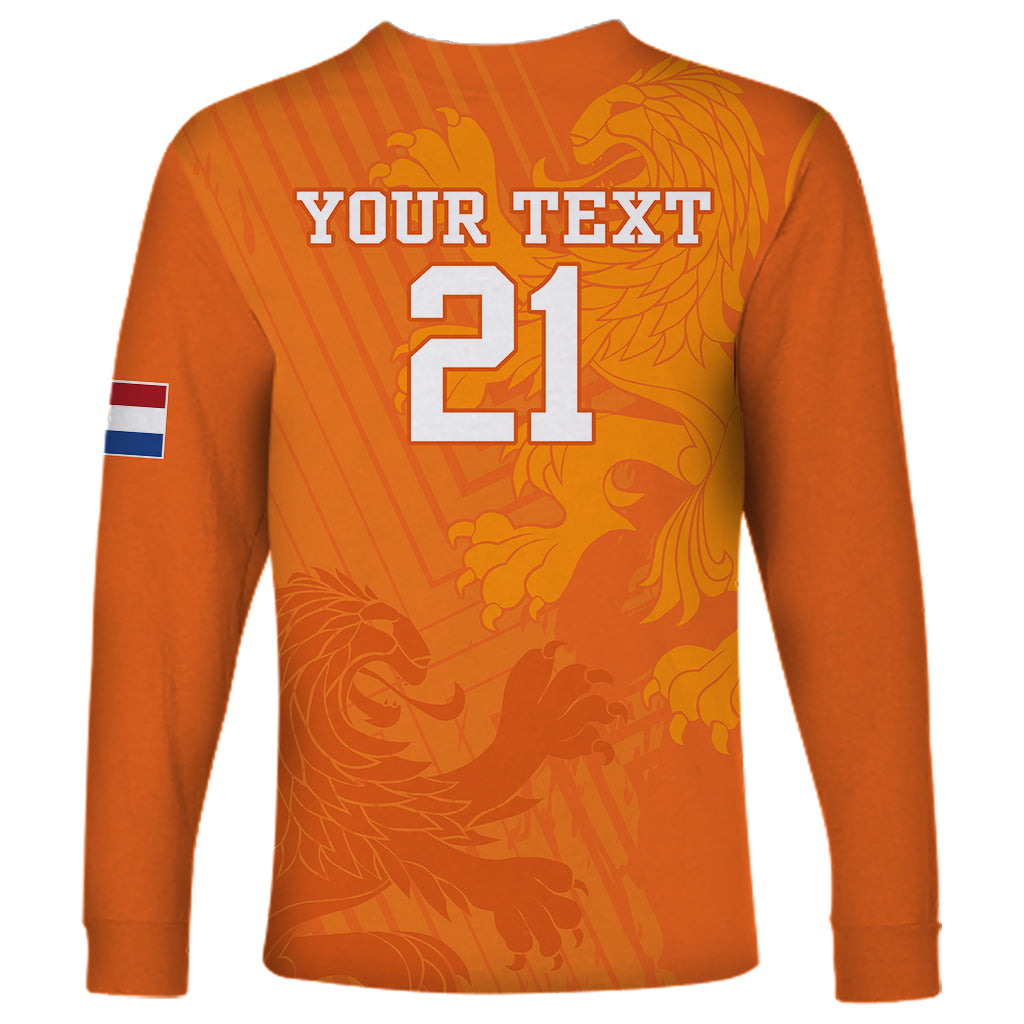 Orange long-sleeve soccer shirt back with YOUR TEXT 21 and striped flag sleeve