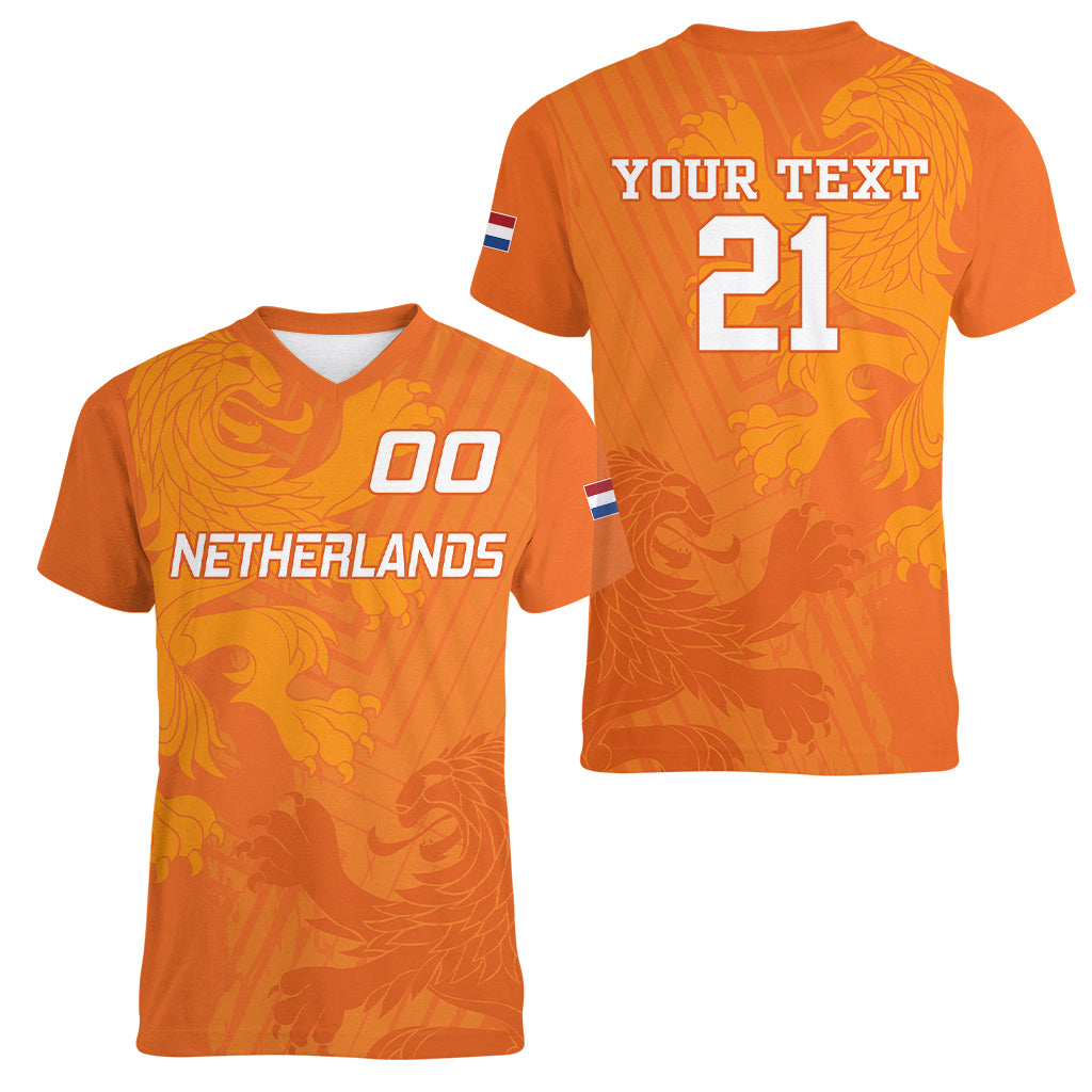 Custom Netherlands Soccer Women V Neck T Shirt Nederlands Vrouwenvoetbalelftal Go World Cup 2023 - Wonder Print Shop
