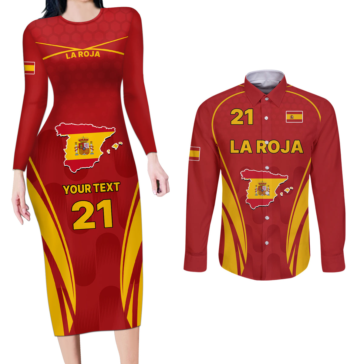 Custom Spain Soccer Couples Matching Long Sleeve Bodycon Dress and Long Sleeve Button Shirts Go World Cup 2023 Sporty Style LT9 - Wonder Print Shop