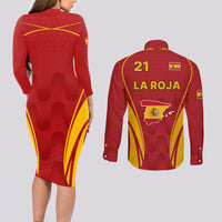Custom Spain Soccer Couples Matching Long Sleeve Bodycon Dress and Long Sleeve Button Shirts Go World Cup 2023 Sporty Style LT9 - Wonder Print Shop