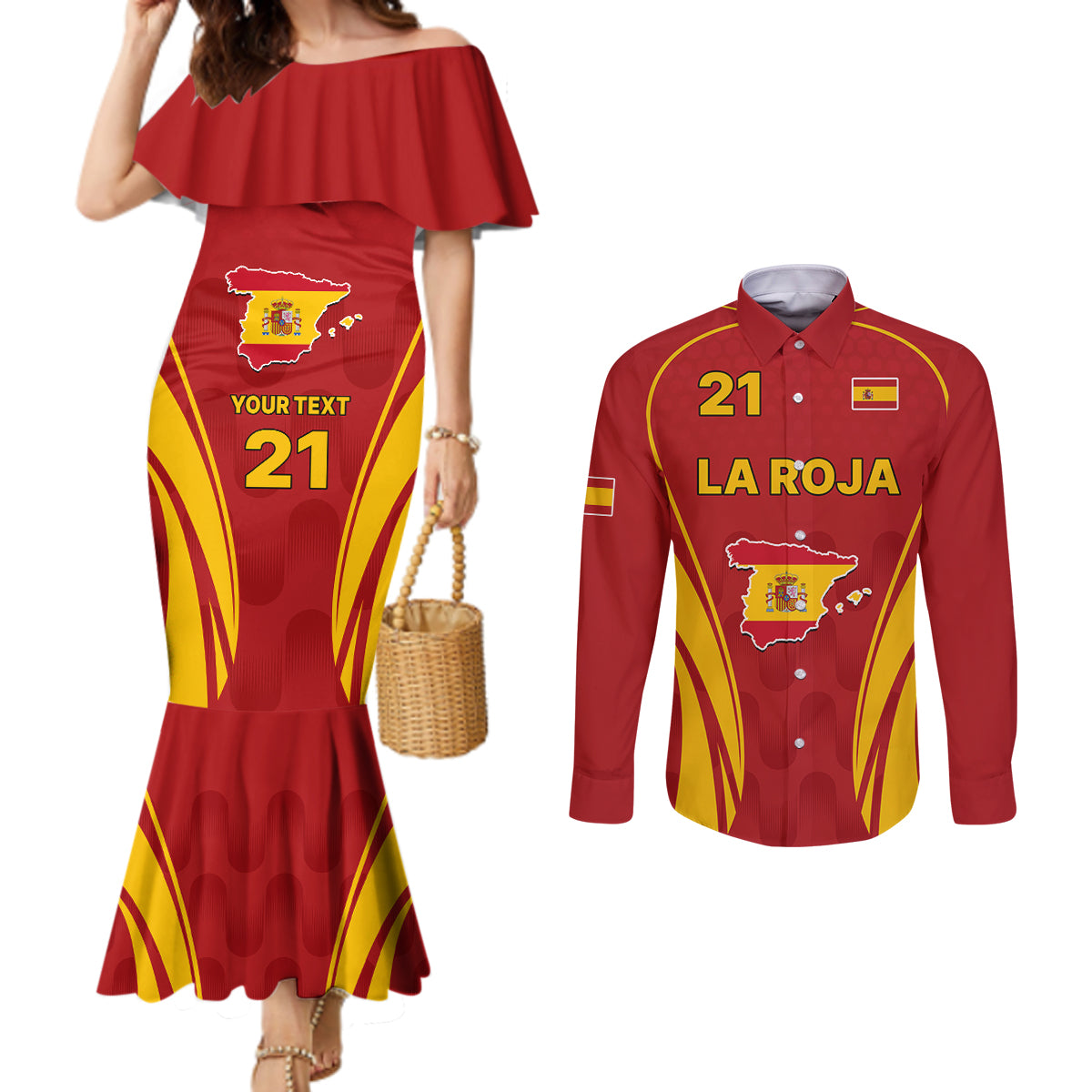 custom-spain-soccer-couples-matching-mermaid-dress-and-long-sleeve-button-shirts-go-world-cup-2023-sporty-style