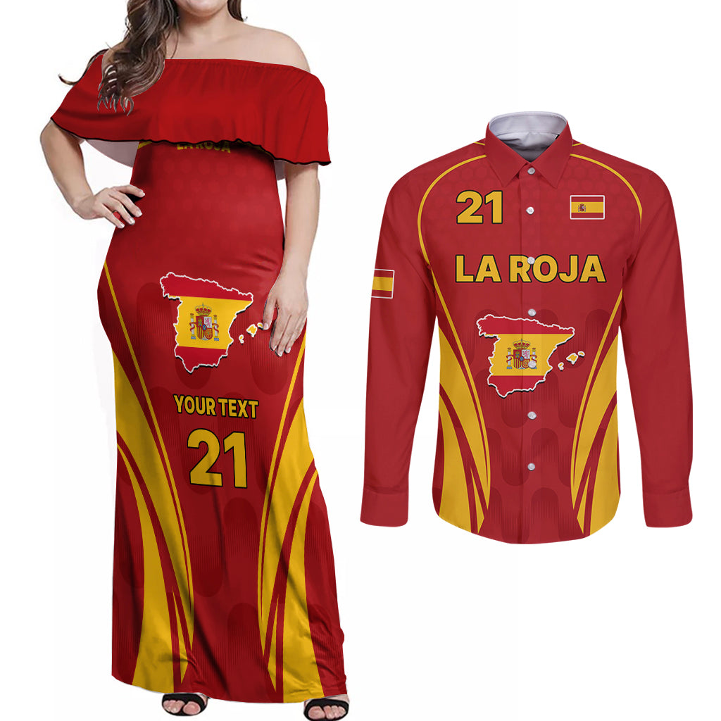 Custom Spain Soccer Couples Matching Off Shoulder Maxi Dress and Long Sleeve Button Shirts Go World Cup 2023 Sporty Style LT9 - Wonder Print Shop