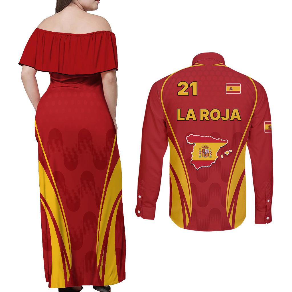 Custom Spain Soccer Couples Matching Off Shoulder Maxi Dress and Long Sleeve Button Shirts Go World Cup 2023 Sporty Style LT9 - Wonder Print Shop