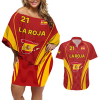 Custom Spain Soccer Couples Matching Off Shoulder Short Dress and Hawaiian Shirt Go World Cup 2023 Sporty Style LT9 - Wonder Print Shop