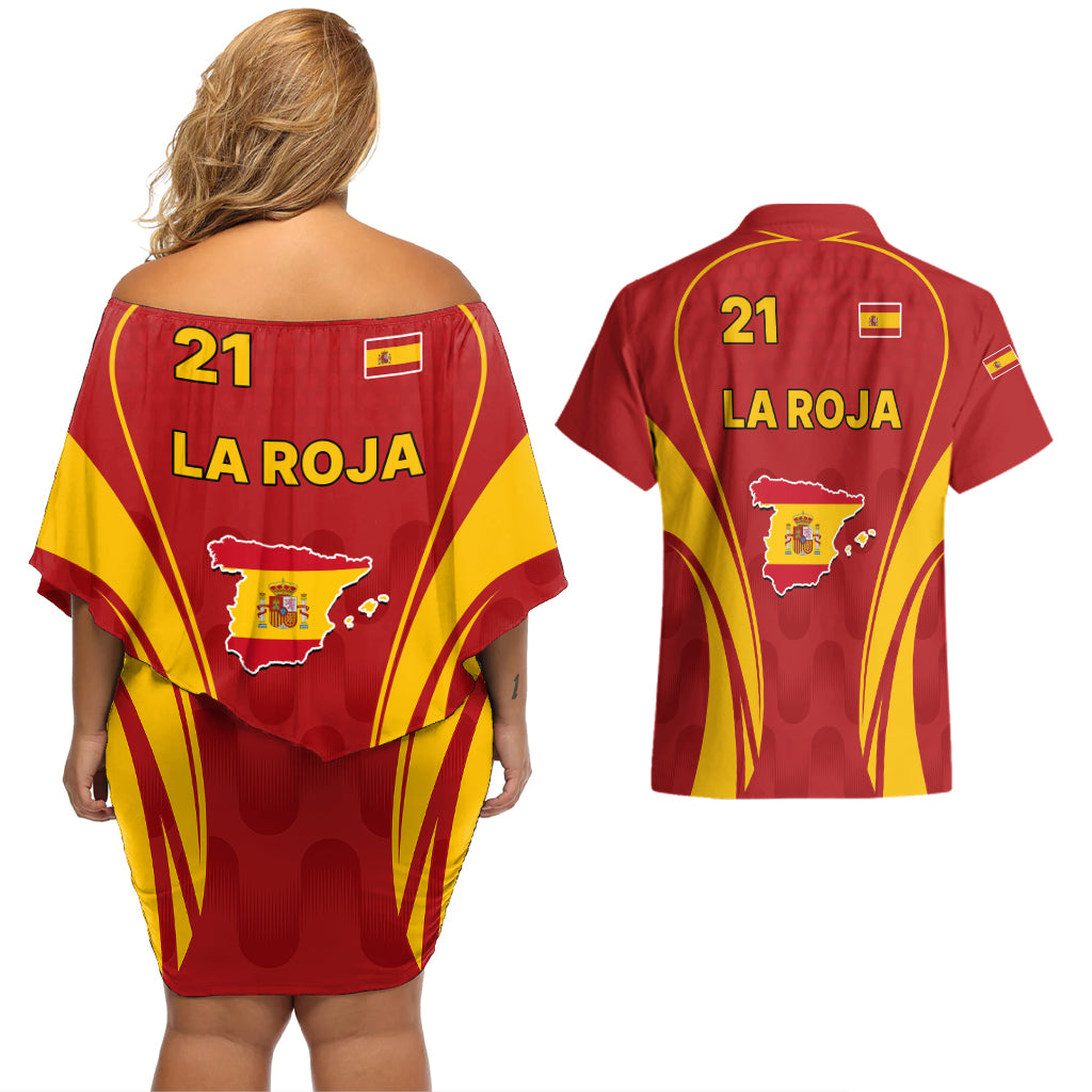 Custom Spain Soccer Couples Matching Off Shoulder Short Dress and Hawaiian Shirt Go World Cup 2023 Sporty Style LT9 - Wonder Print Shop