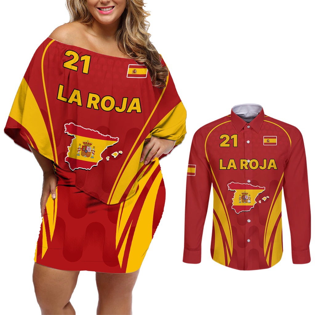 Custom Spain Soccer Couples Matching Off Shoulder Short Dress and Long Sleeve Button Shirts Go World Cup 2023 Sporty Style LT9 - Wonder Print Shop