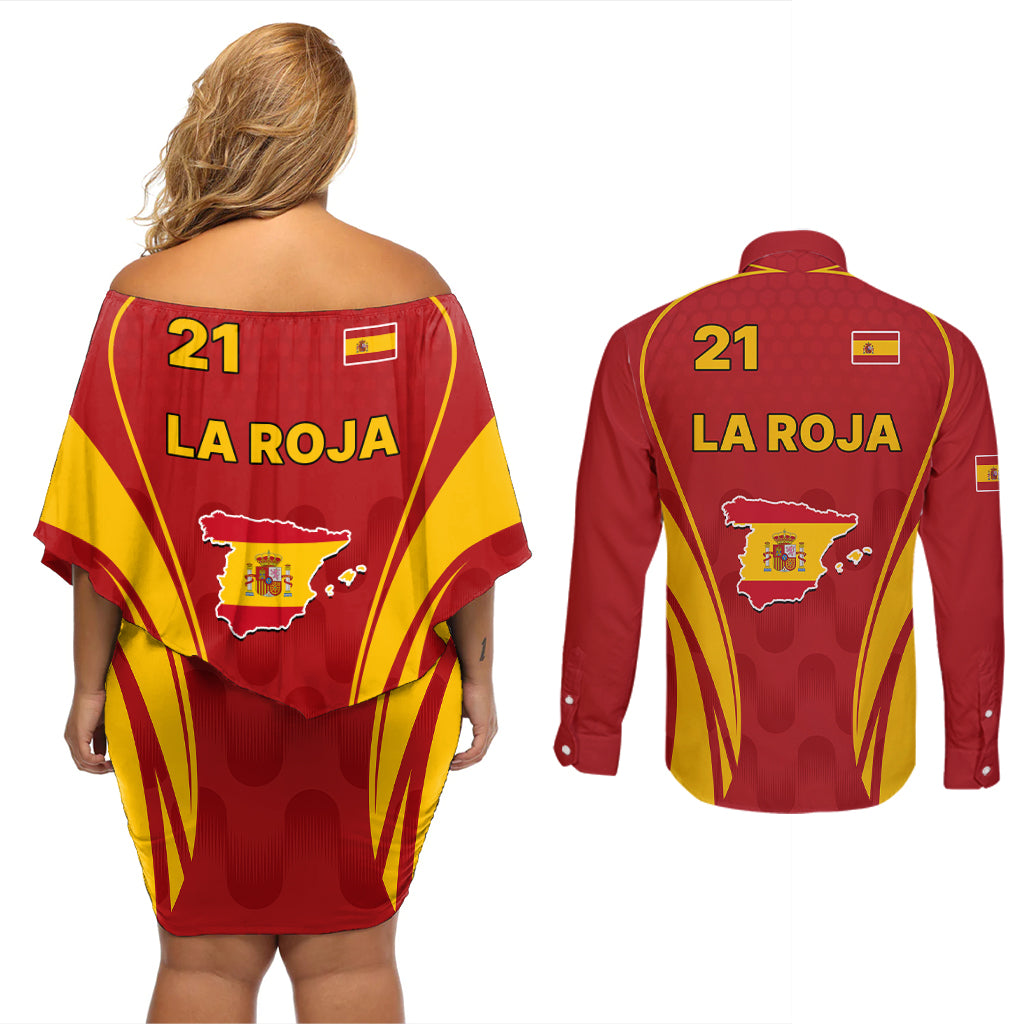 Custom Spain Soccer Couples Matching Off Shoulder Short Dress and Long Sleeve Button Shirts Go World Cup 2023 Sporty Style LT9 - Wonder Print Shop