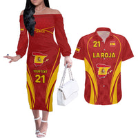 Custom Spain Soccer Couples Matching Off The Shoulder Long Sleeve Dress and Hawaiian Shirt Go World Cup 2023 Sporty Style LT9 - Wonder Print Shop