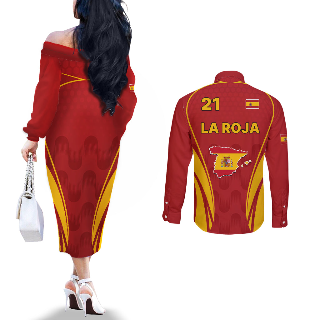 custom-spain-soccer-couples-matching-off-the-shoulder-long-sleeve-dress-and-long-sleeve-button-shirts-go-world-cup-2023-sporty-style