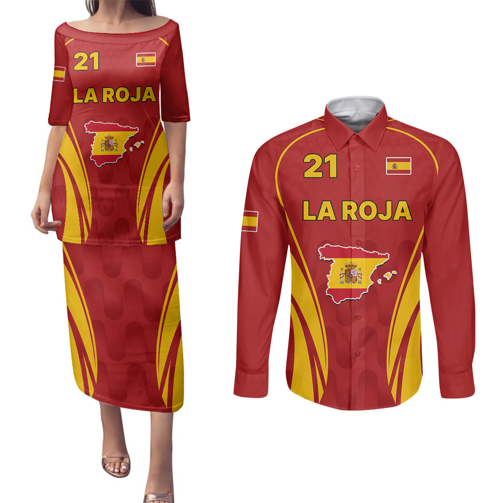 Custom Spain Soccer Couples Matching Puletasi Dress and Long Sleeve Button Shirts Go World Cup 2023 Sporty Style LT9 - Wonder Print Shop
