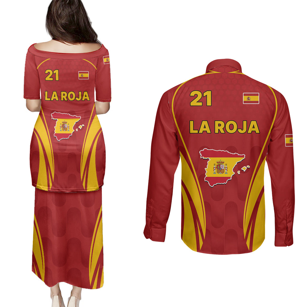 Custom Spain Soccer Couples Matching Puletasi Dress and Long Sleeve Button Shirts Go World Cup 2023 Sporty Style LT9 - Wonder Print Shop