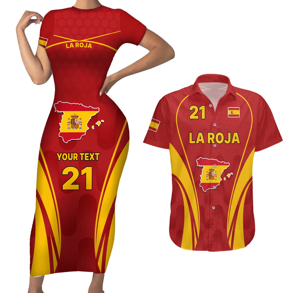Custom Spain Soccer Couples Matching Short Sleeve Bodycon Dress and Hawaiian Shirt Go World Cup 2023 Sporty Style LT9 - Wonder Print Shop