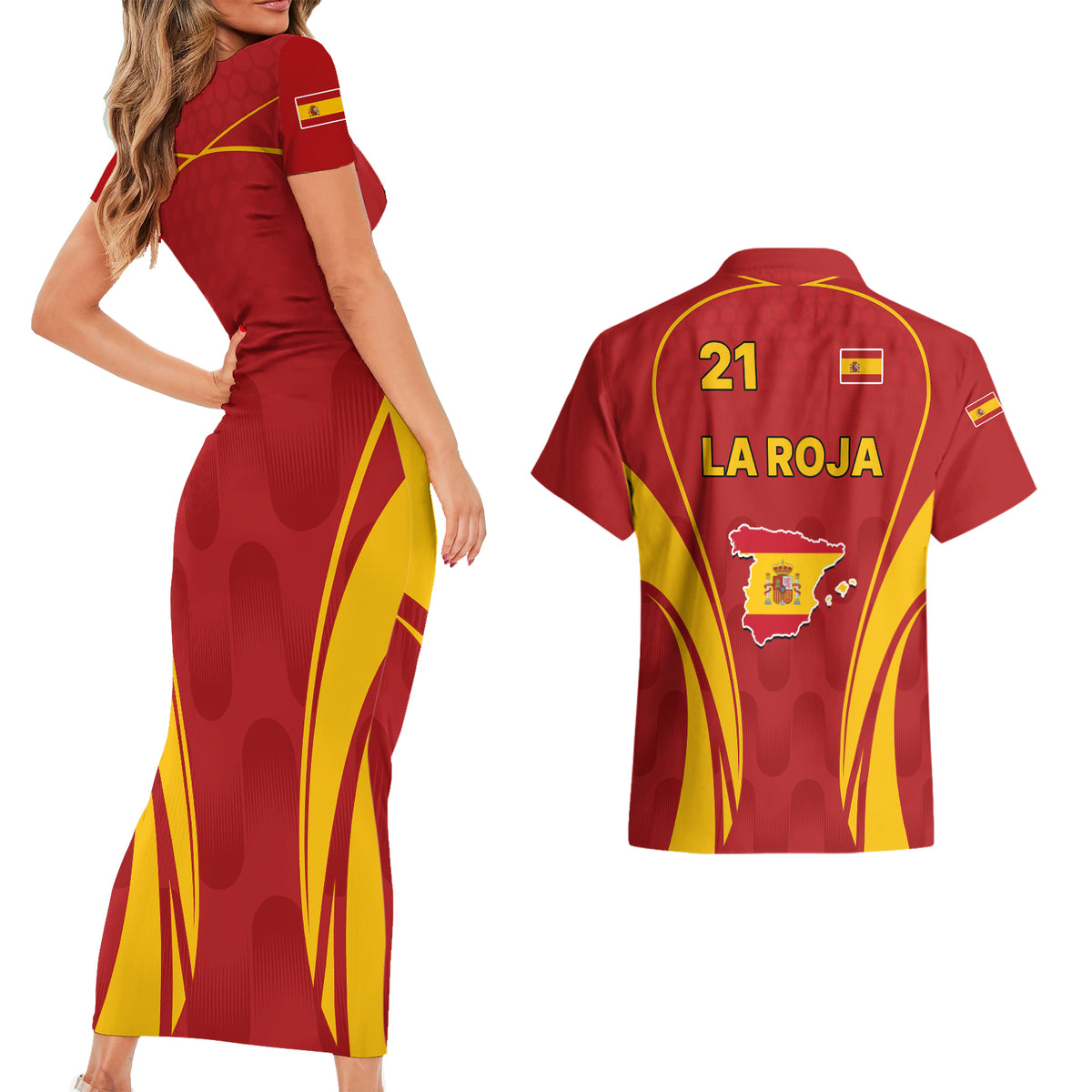 Custom Spain Soccer Couples Matching Short Sleeve Bodycon Dress and Hawaiian Shirt Go World Cup 2023 Sporty Style LT9 - Wonder Print Shop
