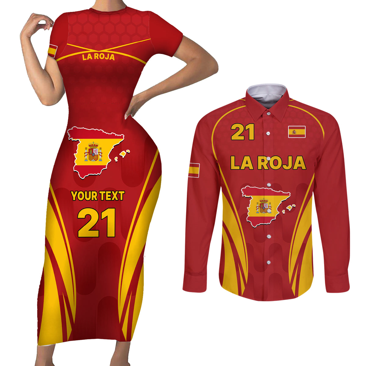Custom Spain Soccer Couples Matching Short Sleeve Bodycon Dress and Long Sleeve Button Shirts Go World Cup 2023 Sporty Style LT9 - Wonder Print Shop