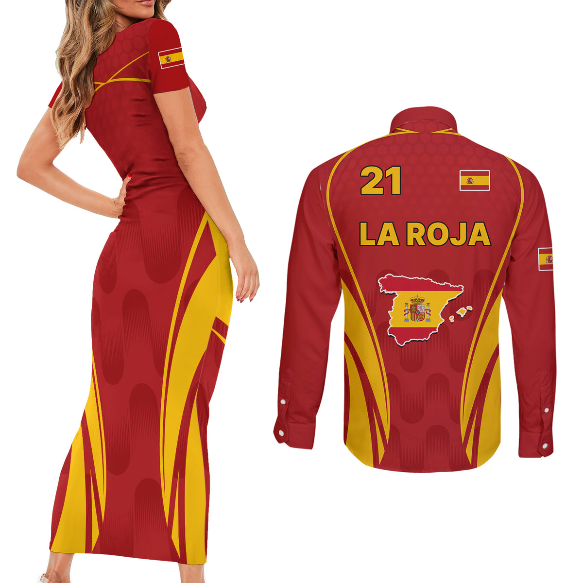 Custom Spain Soccer Couples Matching Short Sleeve Bodycon Dress and Long Sleeve Button Shirts Go World Cup 2023 Sporty Style LT9 - Wonder Print Shop