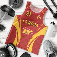 Men's red Spain soccer tank top, yellow trim, 21 and LA ROJA print