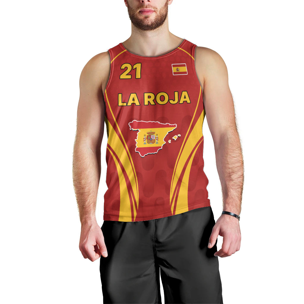 Men's red Spain soccer tank top with yellow trim and LA ROJA Spain map print