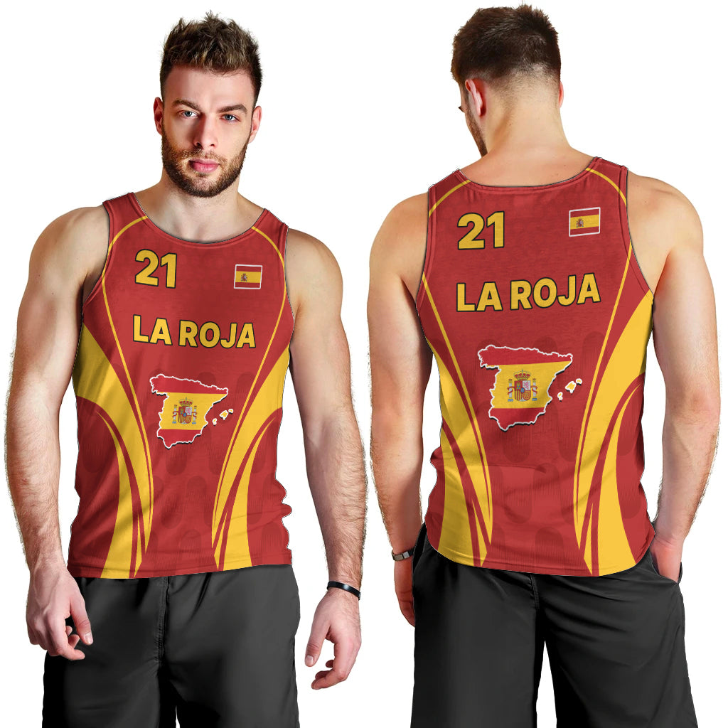 Men's red Spain soccer tank top with yellow trim, 21 and LA ROJA, front and back