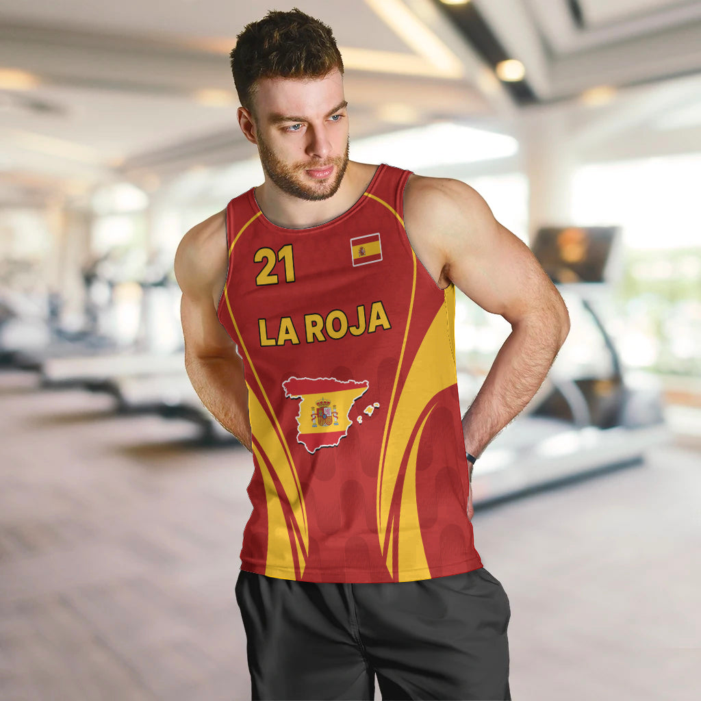 Men's red Spain soccer tank top with yellow trim, 21, LA ROJA and Spain emblem