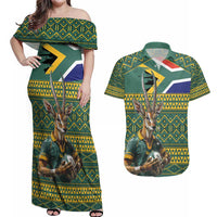 Custom South Africa Rugby Bokke Mascot Couples Matching Off Shoulder Maxi Dress and Hawaiian Shirt With Flag Style LT9 - Wonder Print Shop