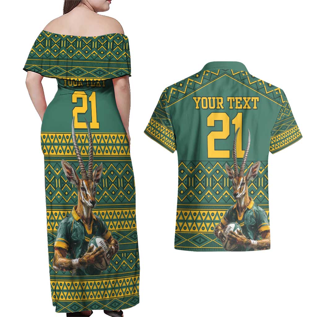 Custom South Africa Rugby Bokke Mascot Couples Matching Off Shoulder Maxi Dress and Hawaiian Shirt With Flag Style LT9 - Wonder Print Shop