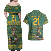 Custom South Africa Rugby Bokke Mascot Couples Matching Off Shoulder Maxi Dress and Hawaiian Shirt With Flag Style LT9 - Wonder Print Shop