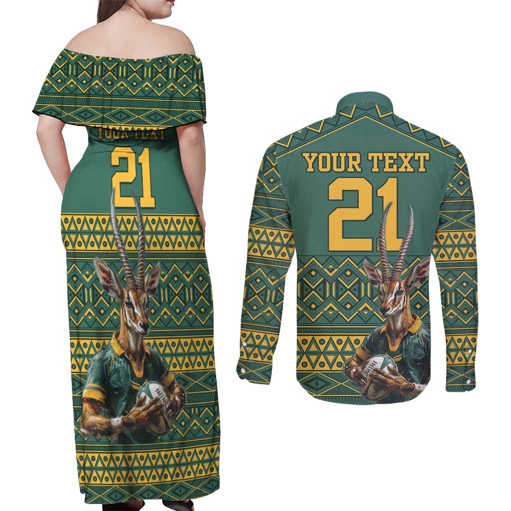 Custom South Africa Rugby Bokke Mascot Couples Matching Off Shoulder Maxi Dress and Long Sleeve Button Shirt With Flag Style LT9 - Wonder Print Shop
